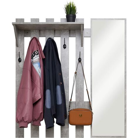 Meerveil Appendiabiti da Parete, Appendiabiti con Specchio e 5 Ganci, Stile Industriale a Parete per Ingresso Corridoio Camera da Letto, L100 x P22 x H106 cm (Grigio)