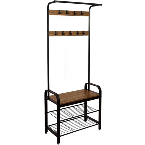 Meerveil - Appendiabiti in Stile Vintage, con 3 Livelli, Appendiabiti, scaffale, scarpiera, Panca in Ferro con 9 Ganci, Struttura Metallica, Altezza 183 cm