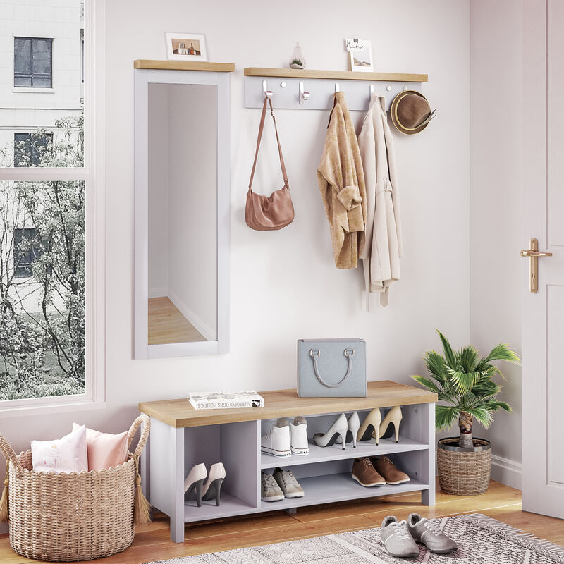 Mondeer - Ensemble de meubles de couloir ensemble de banc à chaussures miroir mural et porte manteaux pour entrée couloir gris