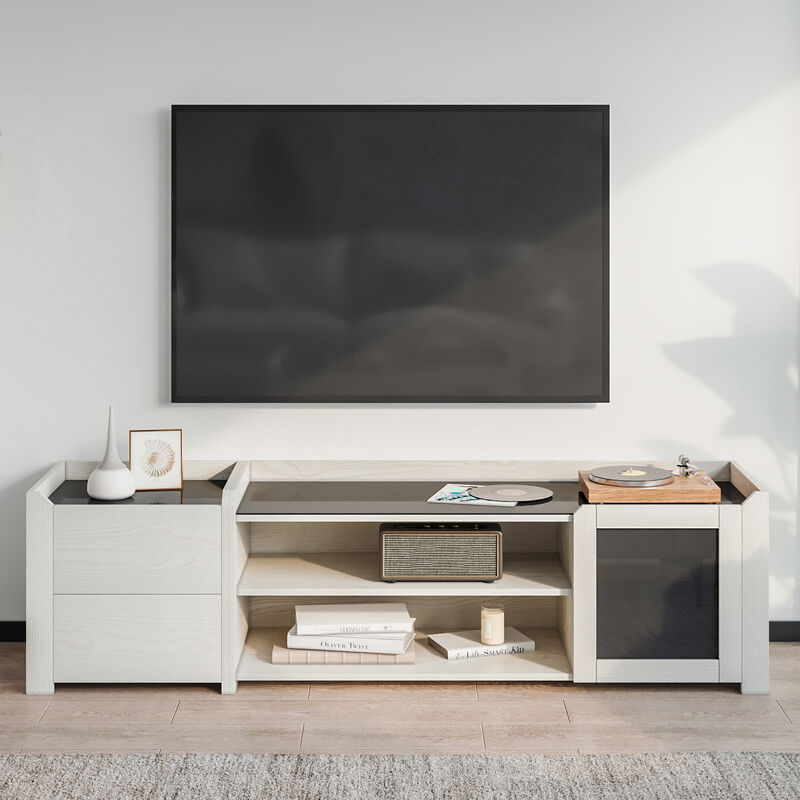 Meuble tv 1 porte 2 Étagères de Rangement verre trempé moderne pour un téléviseur de 55 pouces blanc crème Mondeer