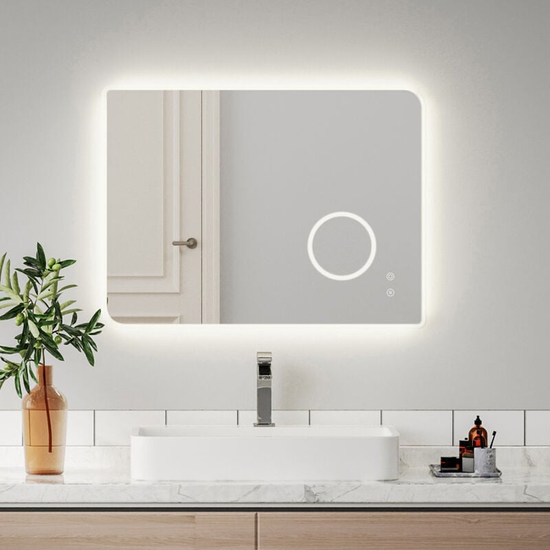 Miroir lumineux de salle de bain 80 x 60 cm led interrupteur tactile et loupe 3X anti buée lumière IP44 Mondeer