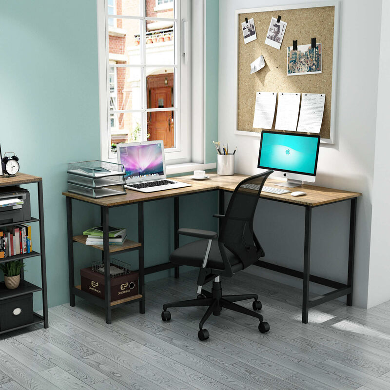 Meerveil Schreibtisch, Computertisch, PC-Tisch, Bürotisch, L-förmiger Schreibtisch mit 2 Regalebenen,Industriestil fürs Büro, Arbeitszimmer, Home