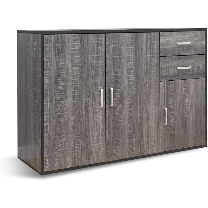 Sideboard, Beistellschrank, Kommode, Küchenschrank, 3 Türen 2 Schubladen Graue Holzmaserung 106x36x74 cm - Meerveil