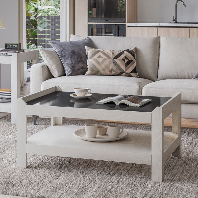 Mondeer - Table basse fixe 2 Étagères de rangement ouverts verre trempé moderne pour espace salon bureau 90X60X43cm blanc crème