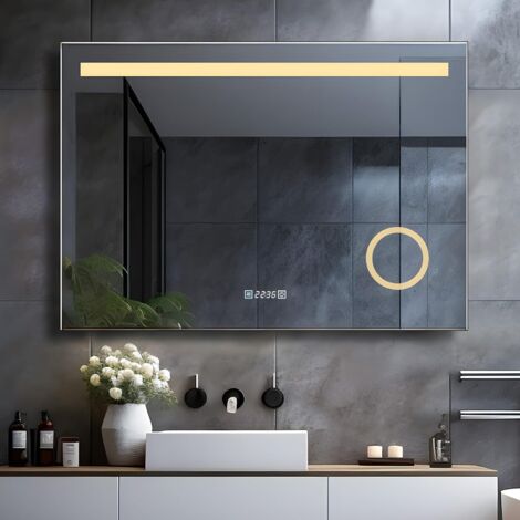 MEESALISA LED Badspiegel mit Beleuchtung Badezimmerspiegel mit Steckdose Touch Dimmbar dreifarbiges Licht Antibeschlag Wandspiegel, 80 x 60 cm mit Uhr
