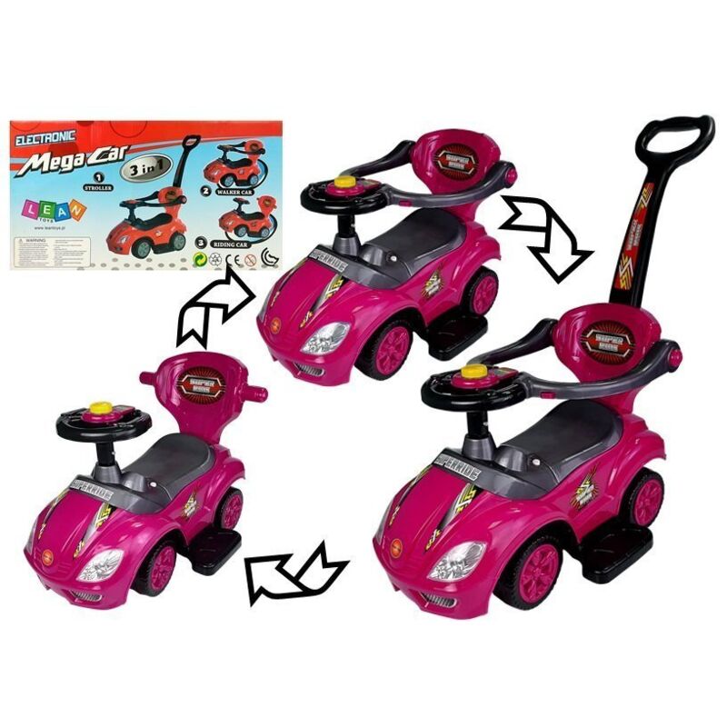 Mega Car 3en1 Rose Porteur avec Poussoir
