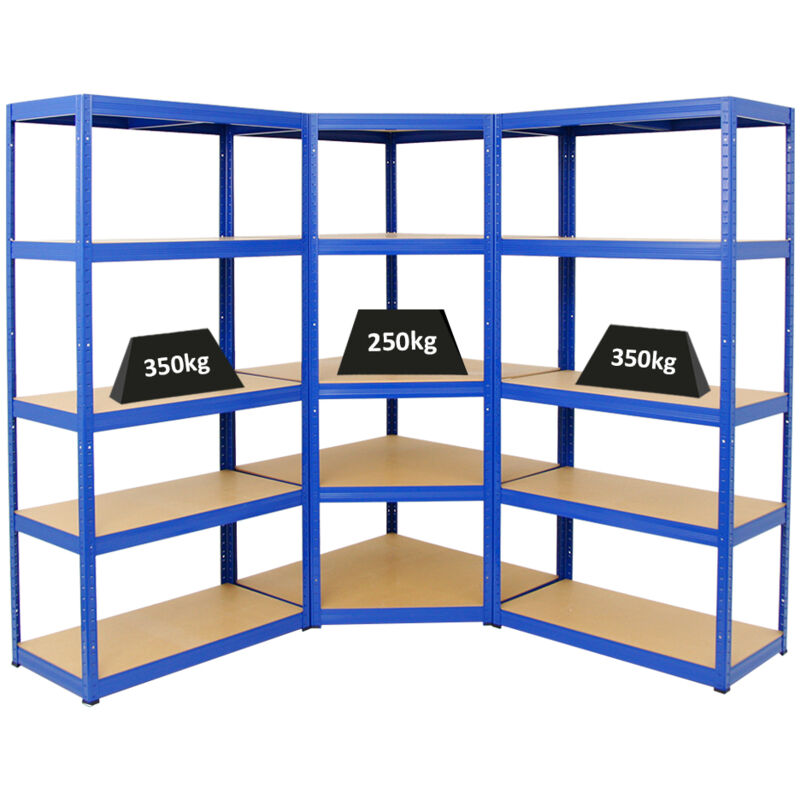 Mega Deal 1x Étagère d'angle + 2x Étagère charge lourde slim elephant s Bleu Lot d'étagères robustes de Garage, Atelier, Cave, sous-sol, Stockage,