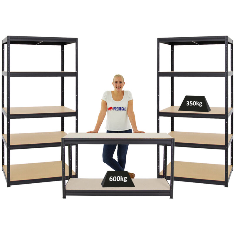 Mega Deal 2x Étagère charge lourde slim elephant m HxLxP 180x90x60cm & 1x Etabli dino réglable en hauteur 90x160x60cm 600kg par niveau Noir Lot