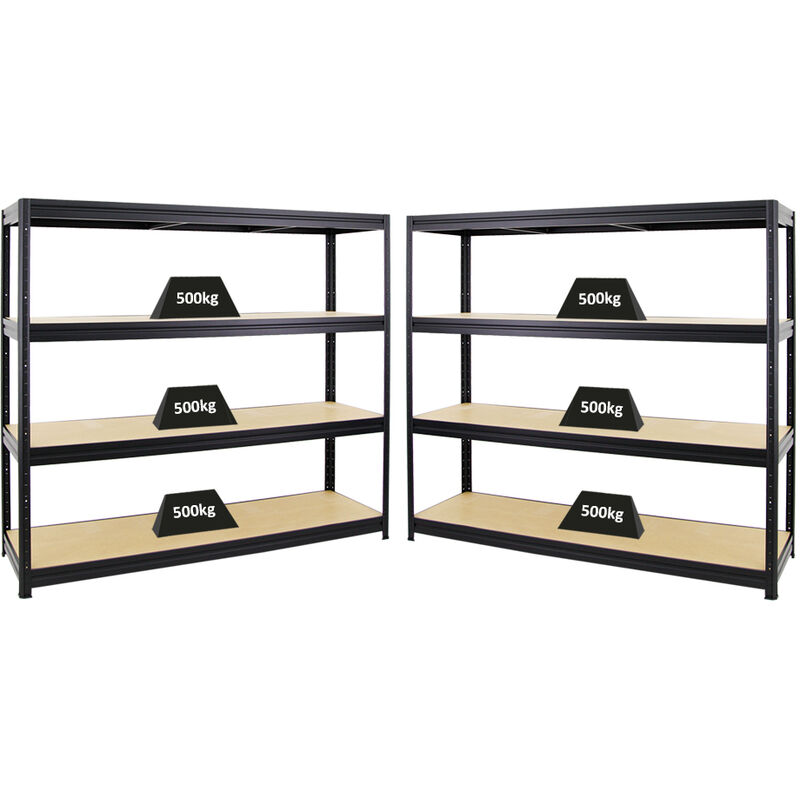 Mega Deal 2x Étagère charge lourde dino HxLxP 180x200x60cm 500kg par niveau Noir Lot d'étagères robustes de Garage, Atelier, Cave, sous-sol,