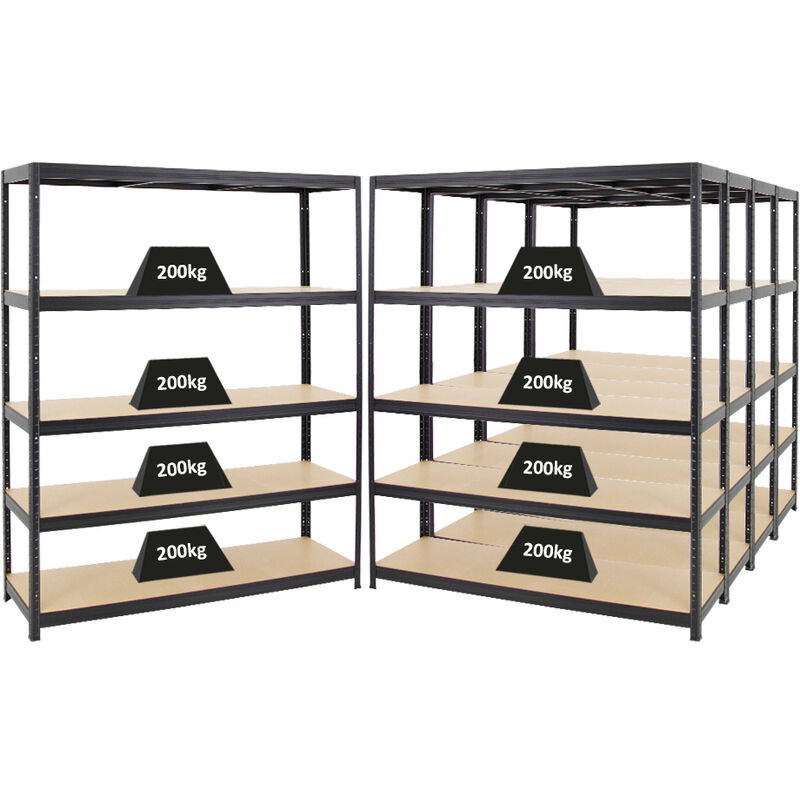Mega Deal 5x Étagère charge lourde giant elephant 180x150x45cm 200kg par niveau Noir Lot d'étagères robustes de Garage, Atelier, Cave, sous-sol,