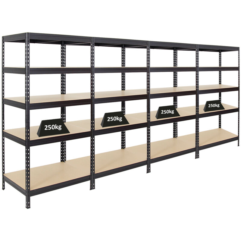 Mega Deal 4x Étagère charge lourde rivet HxLxP 180x90x60cm 250kg par niveau Noir Lot d'étagères robustes de Garage, Atelier, Cave, sous-sol,