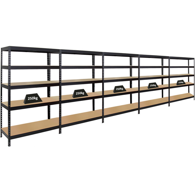 Mega Deal 5x Étagère charge lourde rivet HxLxP 180x120x45cm 250kg par niveau Noir Lot d'étagères robustes de Garage, Atelier, Cave, sous-sol,