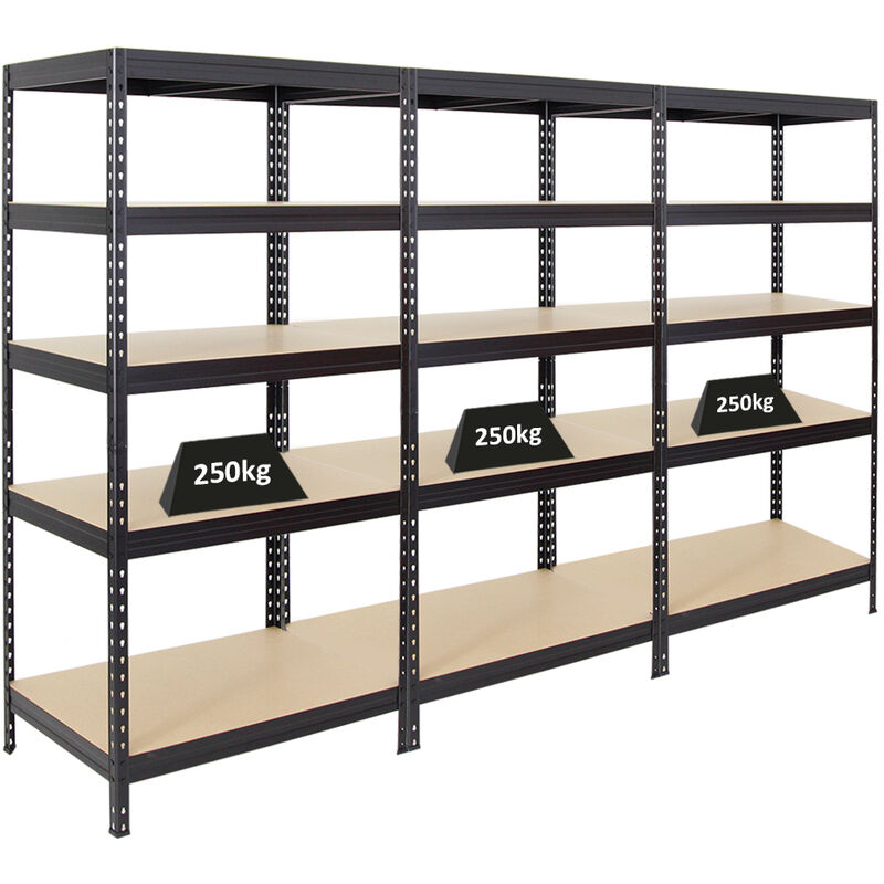 Mega Deal 3x Étagère charge lourde rivet HxLxP 180x90x60cm 250kg par niveau Noir Lot d'étagères robustes de Garage, Atelier, Cave, sous-sol,