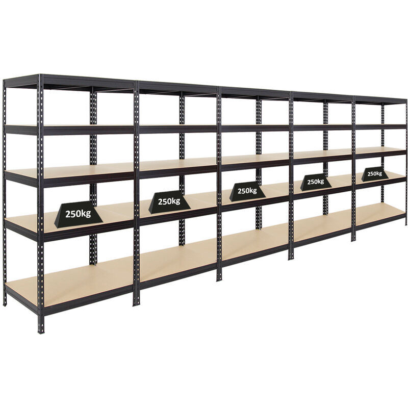 Mega Deal 5x Étagère charge lourde rivet HxLxP 180x90x60cm 250kg par niveau Noir Lot d'étagères robustes de Garage, Atelier, Cave, sous-sol,