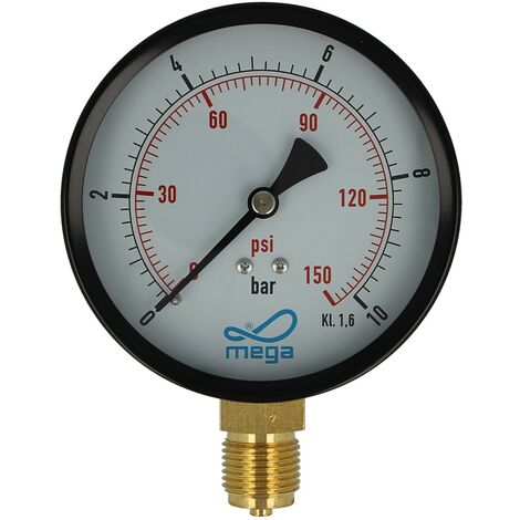 MEGA Druckmanometer 0 - 10 bar - 1/2 Zoll Anschluss nach unten Radial Ø 100 mm
