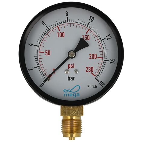 MEGA Druckmanometer 0 - 16 bar - 1/2 Zoll Anschluss nach unten Radial Ø 100 mm