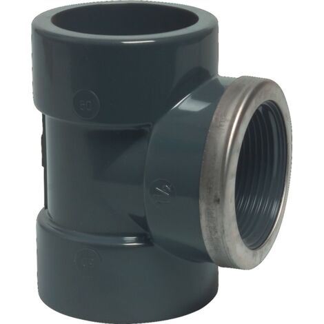 Mega T-Stück 90° PVC-U 32 mm x 1 Zoll x 32 mm Klebemuffe x Innengewinde verstärkt x Klebemuffe 16 bar, grau