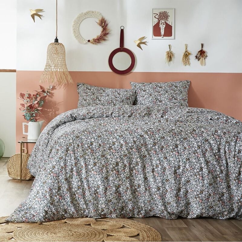 Megan - Parure de Lit Imprimé Fleurs Housse de Couette 260x240cm + 2 Taies d'Oreiller