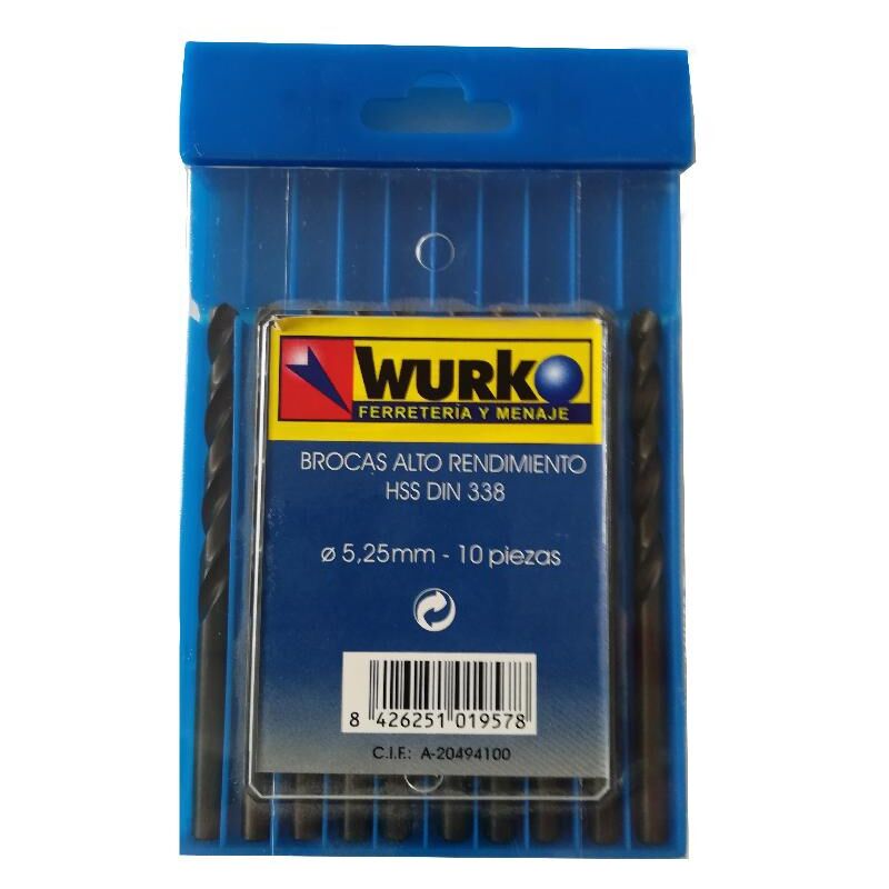 Wurko - broca acero hss 5,25 mm afiladas caja 10 , Set de 10 brocas de acero hss para metalGrosor de 5,25mmDIN 338NMango cilindrico.