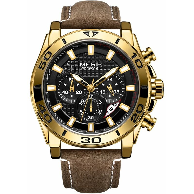 

MEGIR 2094 Reloj para hombre Reloj deportivo de cuarzo Reloj de pulsera simple Correa de cuero 3ATM Calendario impermeable Cronografo Manos luminosas