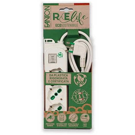 Mehrfachsteckdose OMEGA ECO 3 Steckdosen Schuko 2P+T 16A Kabel 1,5m Stecker Italienisch Std. 2P+T 10A mit Schalter Fanton 474604ECO