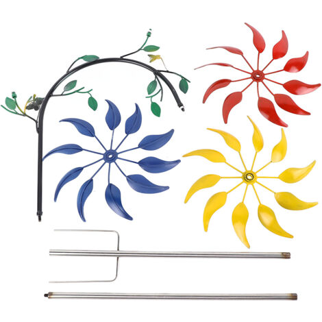 Mehrfarbige, blumenförmige Wetterfahne mit 3 Blüten und grünen Blättern, große und attraktive Windmühle für Veranden im Freien