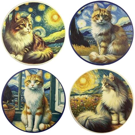 Mehrfarbiger Katzen-Untersetzer, 4 Einheiten, dekorative Keramik-Tischmatte, originelles und funktionales Geschenk für Katzenliebhaber