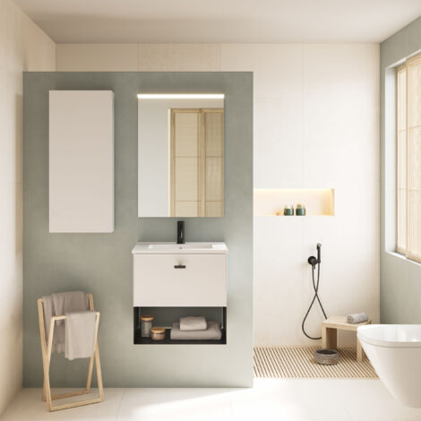 MEI 60cm Meuble et vasque avec un tiroir et un niche, blanc mat. (Avec mirroir)