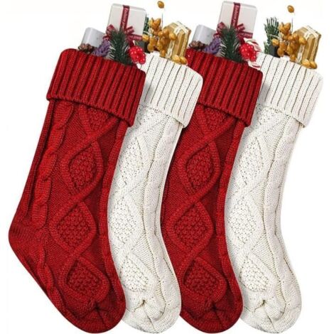 MEIDONG Chaussettes de Noël tricotées plus grandes de 4 pièces avec décorations de chaussettes suspendues anciennes, crème et rouge