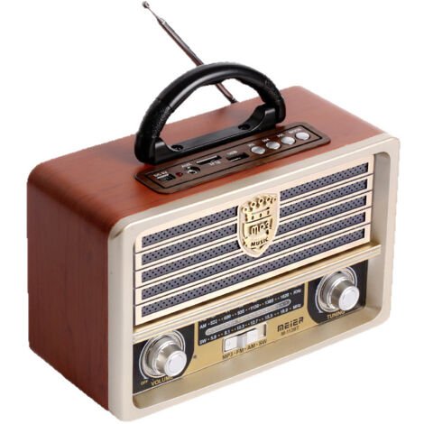 Meier M-113BT Vintage-tragbares Radio mit AM/FM/SW, USB/SD/TF-Kartenleser, AUX-Eingang und Bluetooth-Fernbedienung. Spielt MP3-Dateien ab. Universelle Stromversorgung: eingebauter Akku und AA-Batterie