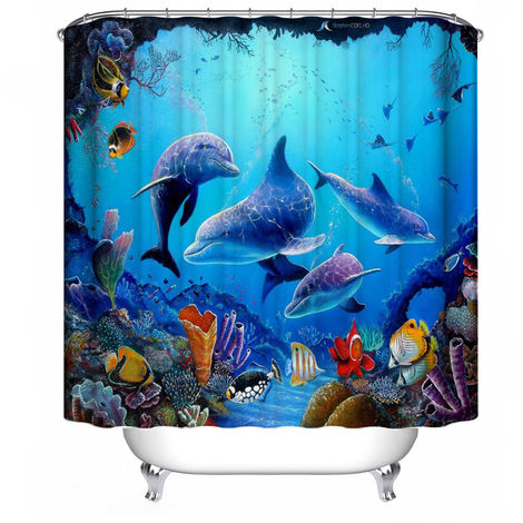 Meigar Ocean Dolphin salle de bain 3D rideau de douche ensemble imperméable polyester rideaux antidérapant siège de toilette couverture tapis tapis décor à la maison 180x180 cm rideau de douche