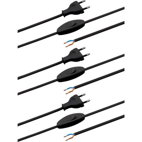 Meister Euro-Zuleitung mit Schalter - 2 Meter - schwarz - 3 Stück im praktischen Set - Kunststoffleitung H03VVH2-F2X0,75 - 2 Adern - IP20 / Anschlussleitung mit Euro-Stecker / Anschlusskabel / 7442570