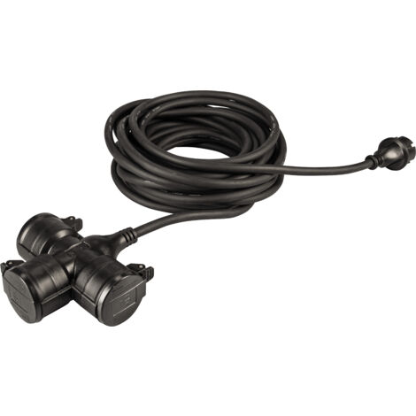 Meister Schutzkontakt-Verlängerung - mit Dreifachkupplung - 10 m Kabel - Gummischlauchleitung - IP44 Außenbereich - schwarz / Kupplung mit Berührungsschutz / Schuko-Verlängerung / 7435050