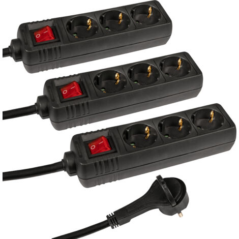 Meister Steckdosenleiste 3-fach - 3 Stück - Extraflacher Stecker - 2 m Kabel - schwarz - IP20 Innenbereich - Beleuchteter Schalter / Mehrfachsteckdose / Steckerleiste mit Flachstecker / 7430580