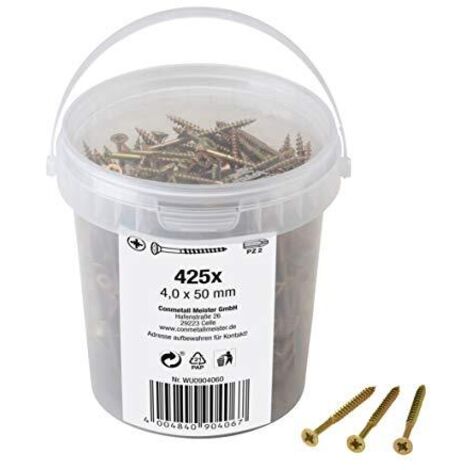 Meister Viti universali, 4,0 x 50 mm, 425 pezzi, testa svasata, attacco PZ Pozidriv, filettatura parziale, zincata, set di viti, secchio per viti, 904060