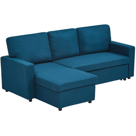 Meiya - 4-sitzer-wendeecksofa schlaffunktion und bettkasten aus stoff - blau