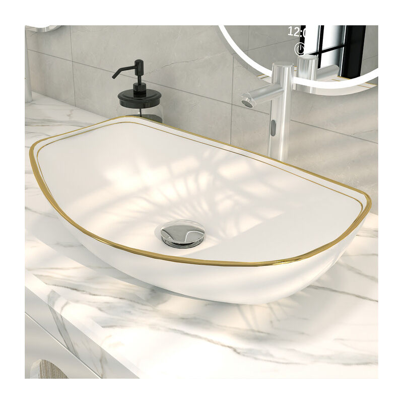 56.5 x 40 cm Luxury Gold Bord ovale vasque au-dessus du comptoir, pot en céramique en porcelaine, lavabo, lavabo artificiel - Meje