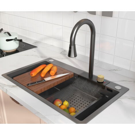 MEJE Évier de cuisine en acier inoxydable 68 x 45 cm avec cascade intégrée et robinet extractible - grande vasque avec revêtement nano, gris