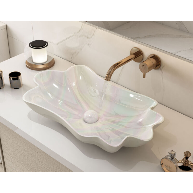 Vier de salle de bain unique en forme de feuille de lotus de 61 cm, lavabo en céramique au-dessus du comptoir, lavabo artistique, couleur nacrée