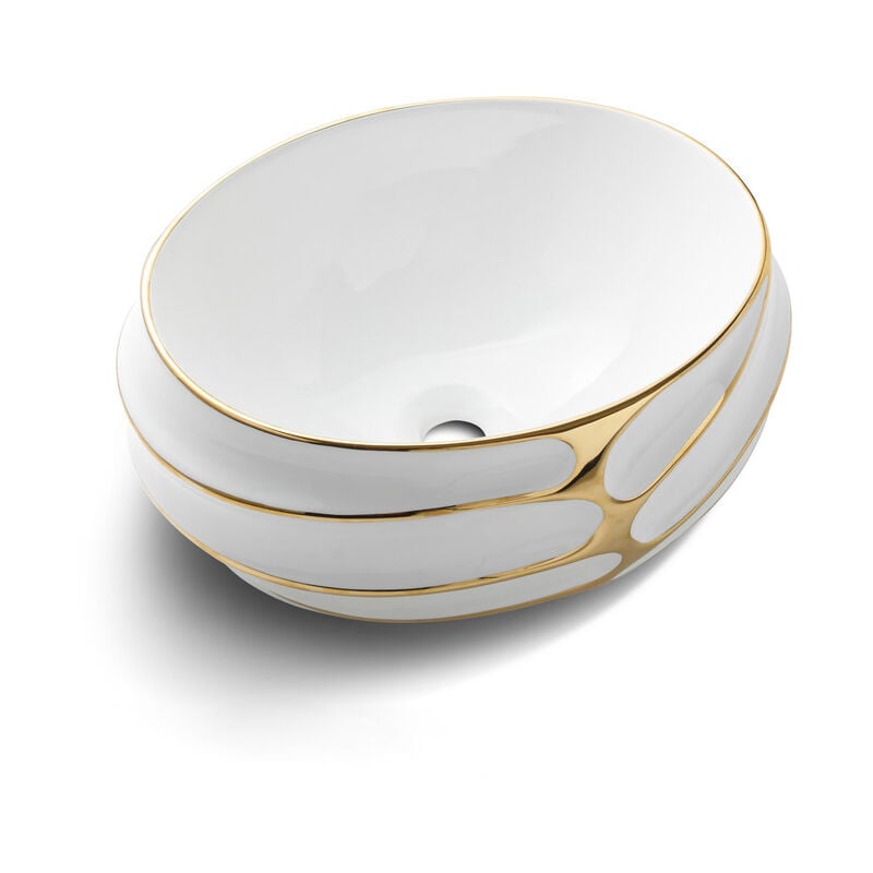 Vier en relief de 44,9 x 37,9 x 17,8 cm avec motif doré, évier de salle de bain au-dessus du comptoir, lavabo en porcelaine et céramique, lavabo