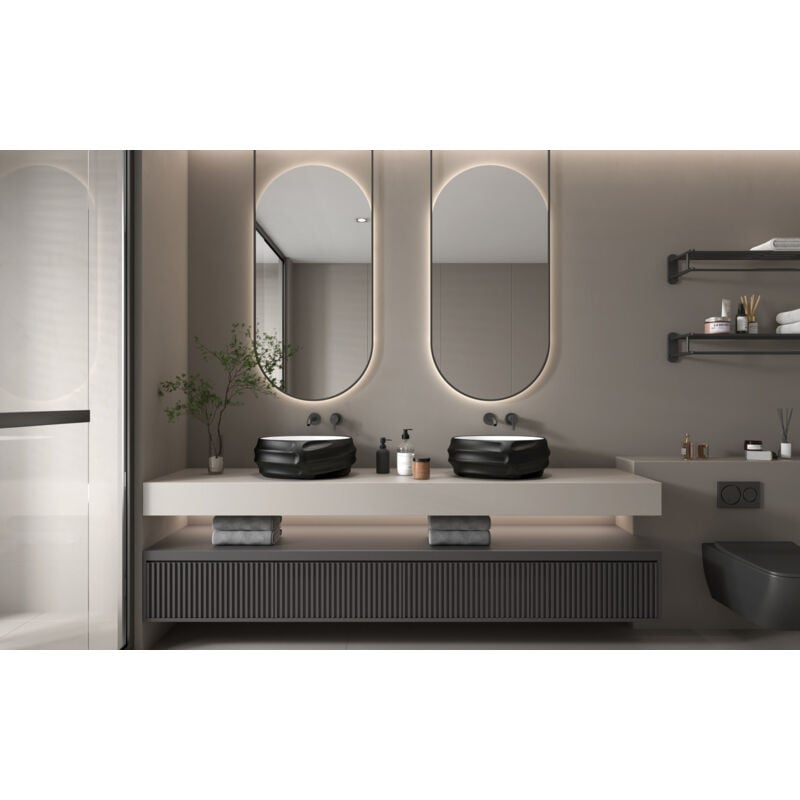 Vier en relief de 44,9 x 37,9 x 17,8 cm avec vernis noir, évier de salle de bain au-dessus du comptoir, lavabo en porcelaine et céramique, lavabo