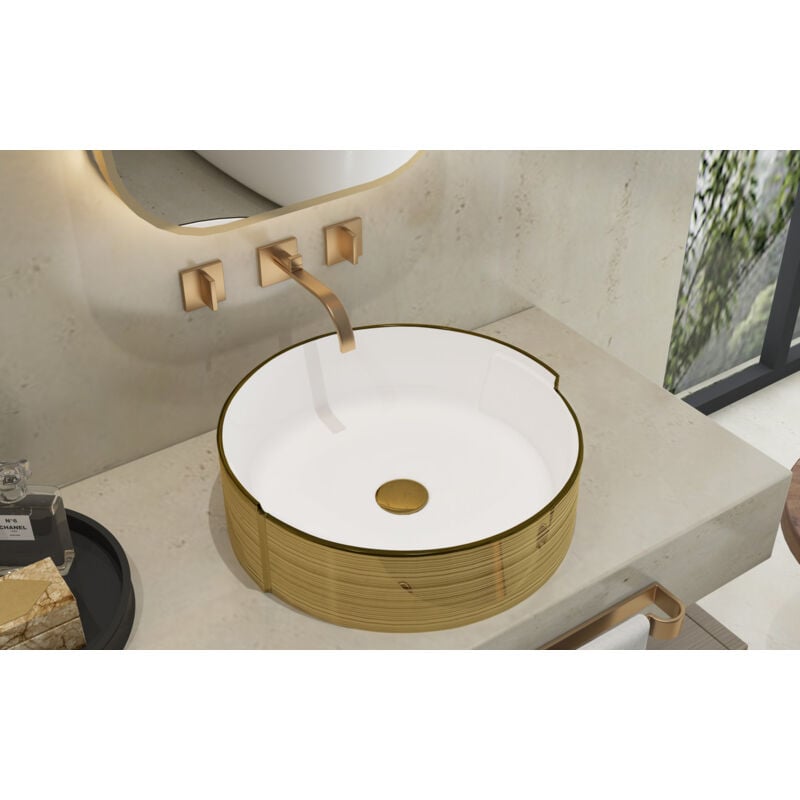 Vasque à rayures dorées de 42 x 42 cm, lavabo de salle de bain au-dessus du comptoir, évier en porcelaine et céramique, lavabo d'art - Meje
