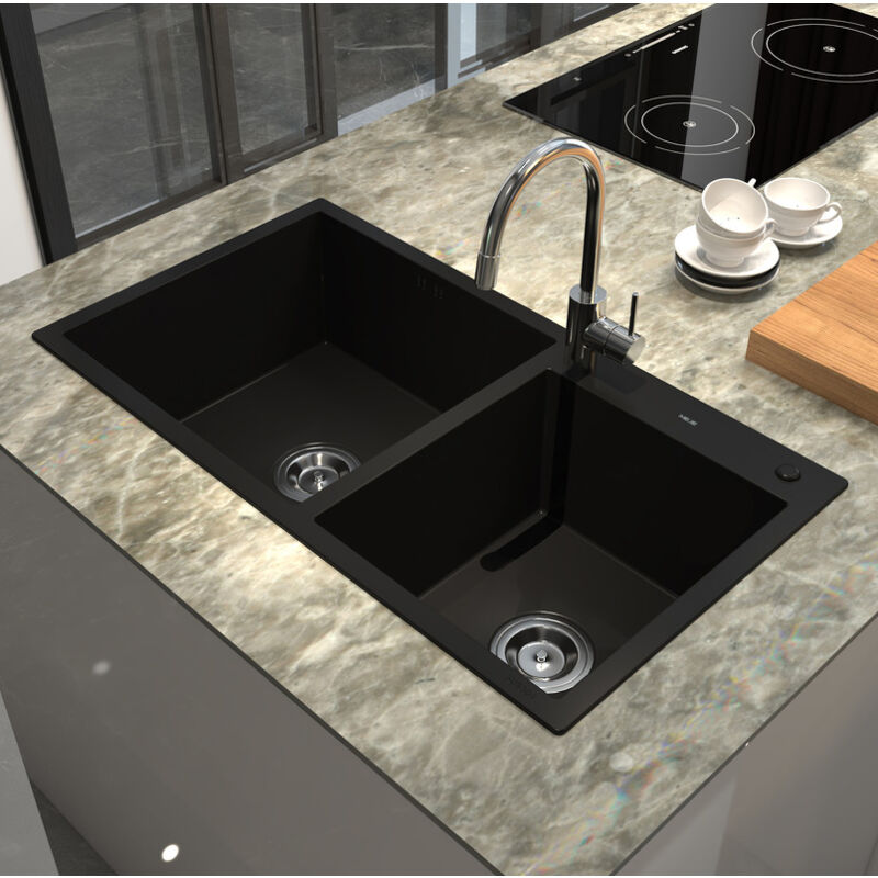 Meje - vier de cuisine en acier inoxydable double cuve 78 x 43 x 22,5 cm avec trou pour robinetterie évier sous plan anthracite