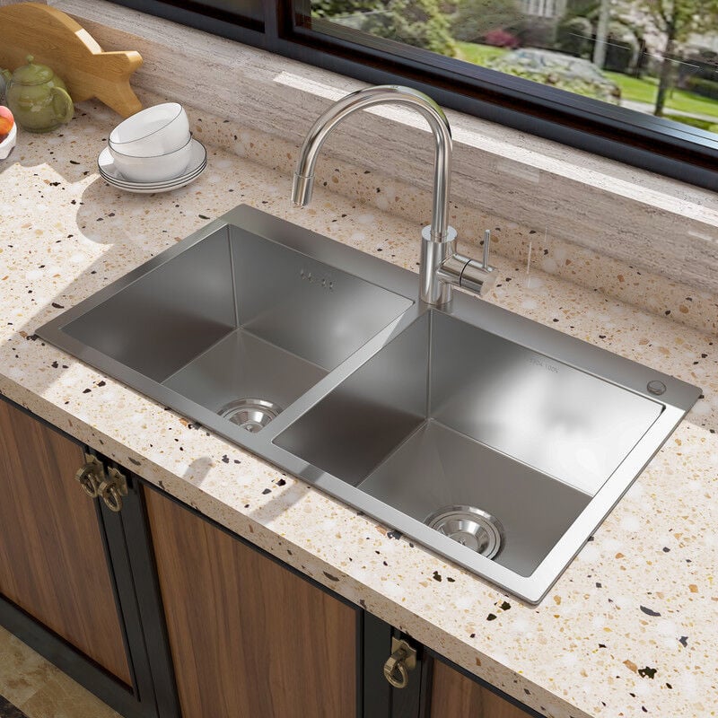 Vier de cuisine en acier inoxydable à double cuve 78 x 43 x 22,5 cm , avec trou derobinet - Meje