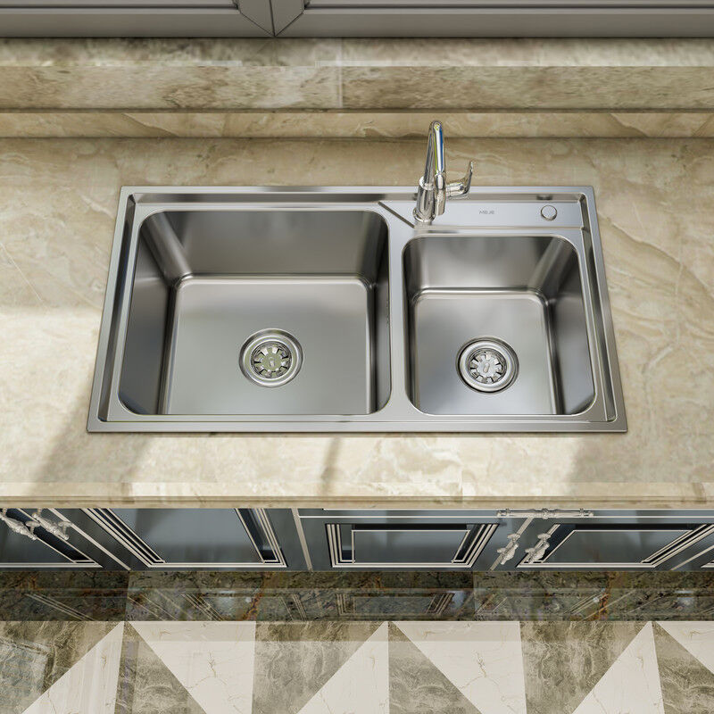 Vier de Cuisine Inox Double Bac 78 x 43 x 21,5 cm avec Trou pour Robinet - Meje