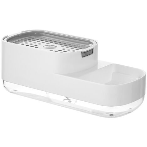 Mejora de cocina: Dispensador de jabón manual con pulsador, caja de almacenamiento para productos de limpieza, jabonera, esponja, blanco, 23,8 x 10 x 8,5 cm, pulsador, blanco