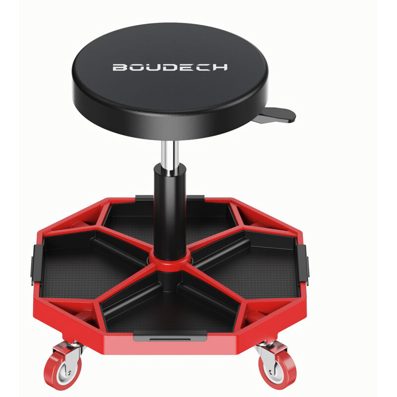 Mekatronix - Taburete de taller con ruedas y bandejas porta herramientas, capacidad 150 kg, altura regulable y giratorio