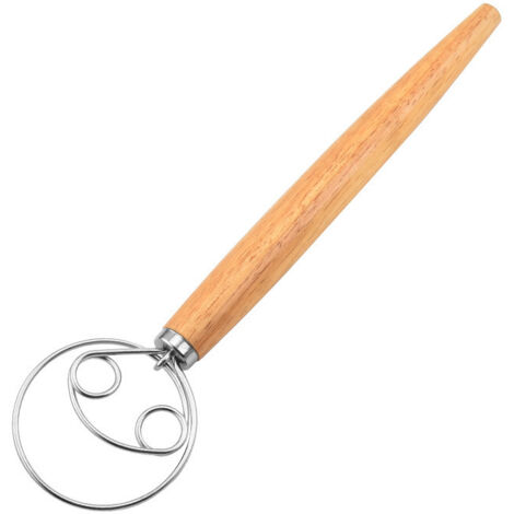 Mélangeur à pâte danois, mélangeur à pâte en acier inoxydable, batteur à main pour pâte à pain hollandais, manche en bois, ustensiles de cuisine pour la fabrication du pain.