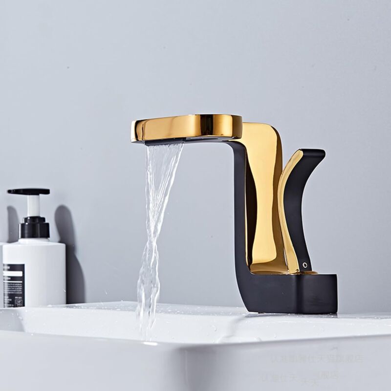 Mélangeur de cascade d'évier de salle de bains, robinet de cascade creux chaud et froid, robinet à levier unique en laiton, noir Better Life