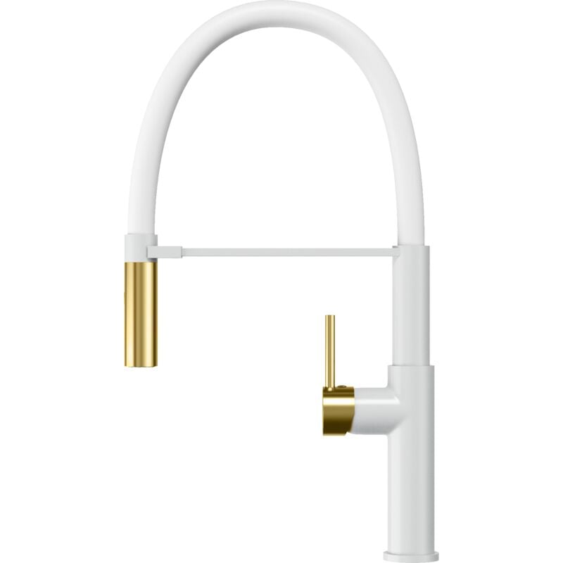 Granitan - mélangeur de cuisine flexible bec blanc robinet or brossé soria